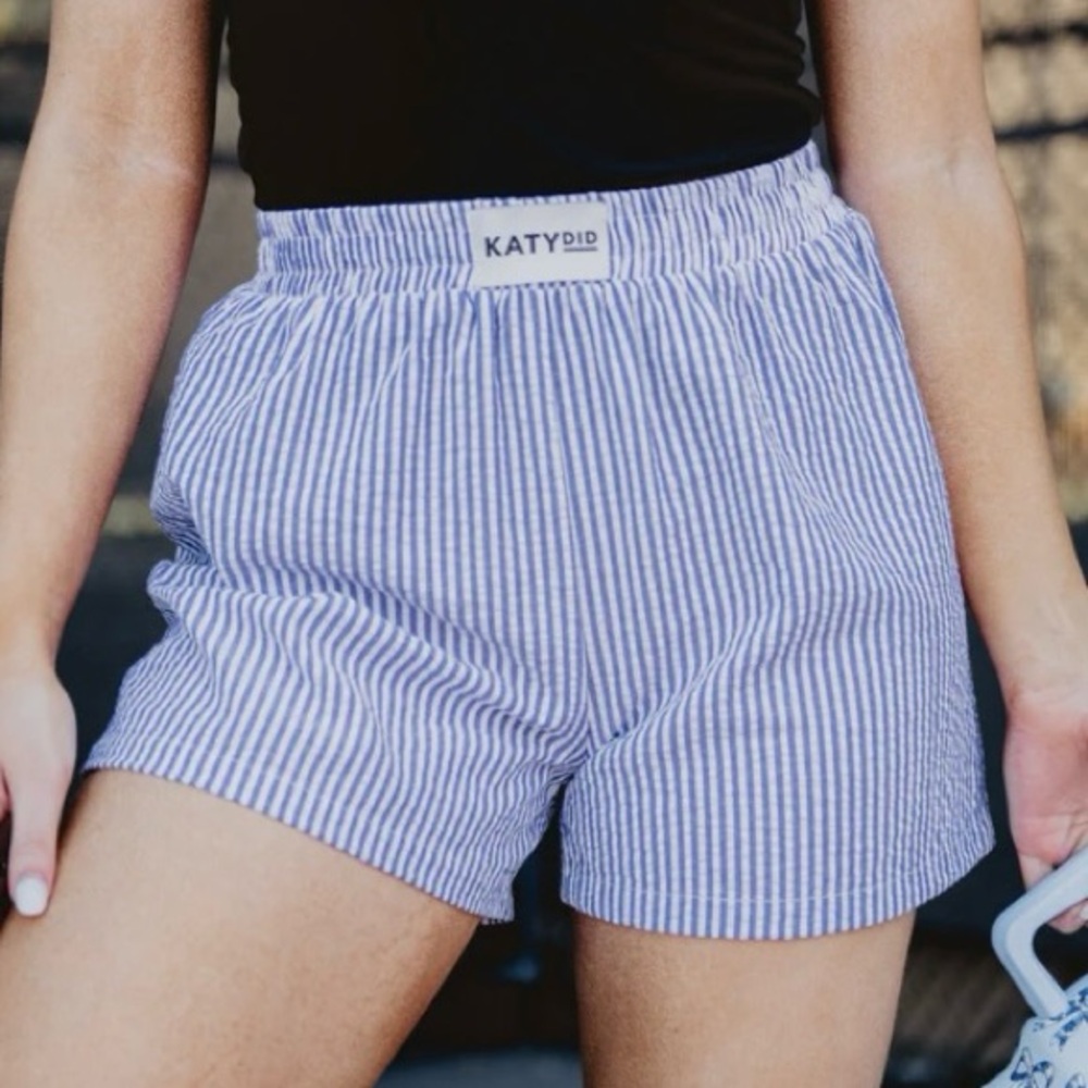 Katydid seersucker pull on Boxer Inspired shorts Blue & White Stripe Extra Large